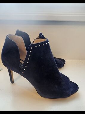 White House Black Market Navy Suede Open-Toe Studded High Heels